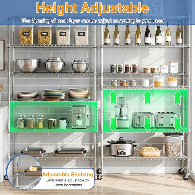 BestOffice | 6-Tier Wire Shelf with Wheels | 45"x18"x82" | Chrome | Adjustable Racks | Heavy-Duty Storage Shelves, Holds Upto 510 lbs | Rust-Resistant, No-Tool Assembly | for Home, Garage Shelving