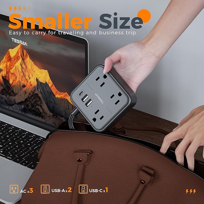 TESSAN Ultra Thin Flat Extension Cord 5 FT, Slim Power Strip with USB Ports (1 USB C), Surge Protector Flat Plug Wall Charger with 3 Outlets for Office, School, Dorm Room Essentials, Black