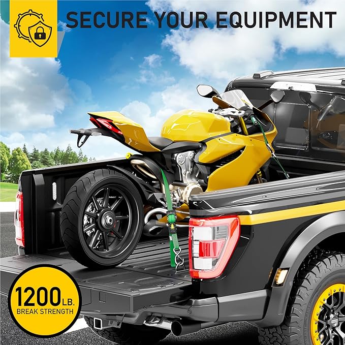 AUGO Retractable Ratchet Straps | 4 Heavy Duty Self Retractable Tie Down Straps with Soft Loops & Storage Bag for Motorcycle, Truck, Trailer, Cargo Van | 1200 Lb Break Strength 1' x 10'
