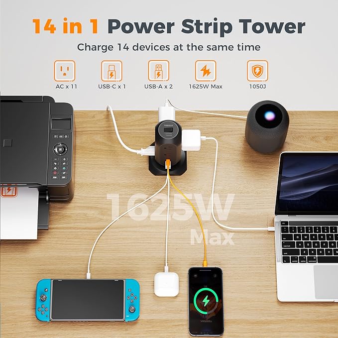 TESSAN Tower Power Strip Flat Plug with 11 Outlets 3 USB (1 USB C), Surge Protector Tower 1625W/13A,1050J Protection, 10 Feet Extension Cord with Multiple Outlets, Dorm, Office Desk Supplies, Black