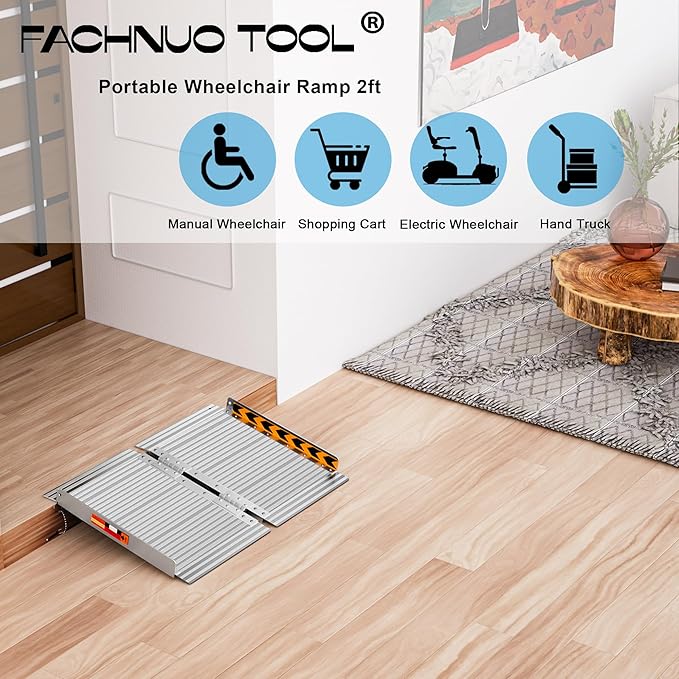 FACHNUO Portable Wheelchair Ramp 2FT, Non-Skid Aluminum Folding Threshold Ramp, Handicap Ramps for Wheelchairs for Home Steps/Doorways/Stairs/Curbs/, Scooter Ramp for Car, 800lbs Weight Capacity