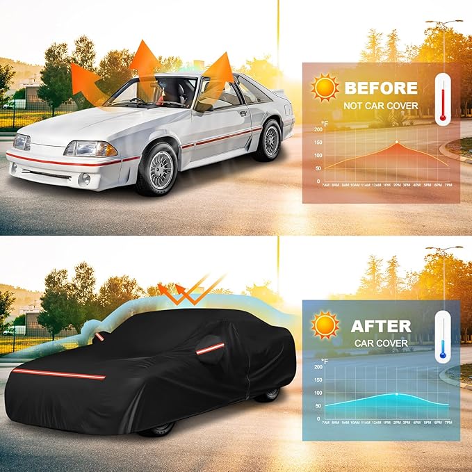 QUNSUNUS Waterproof Car Cover for Ford Mustang 1979-1993, Outdoor Car Covers with Zipper, All Weather Full Exterior Cover with Straps and Elastic Edges for Wind, Sun, UV and Dust Protection
