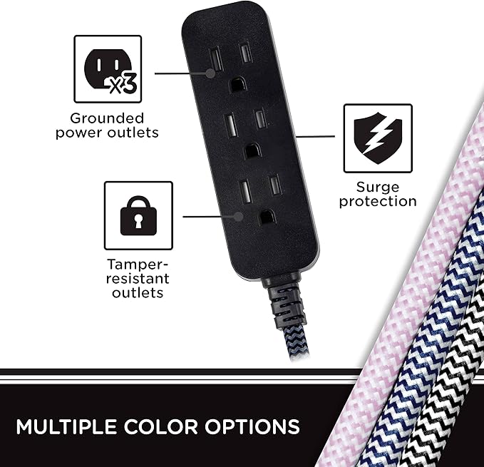 Cordinate 3 Outlet Power Strip Indoor Extension Cord 16 Gauge 10 Ft 3 Prong Braided Extension Cords Flat Extension Cord ETL Listed Black 42024