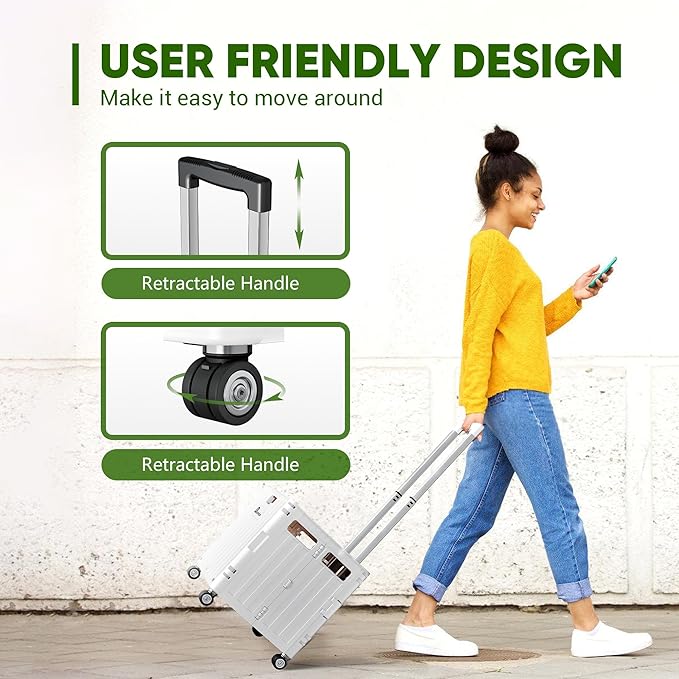 Folding Utility Cart with Lid, Portable Rolling Crate Handcart Collapsible Shopping Trolley, Durable Plastic Foldable Tool Basket with 4 Rotate Wheels for Grocery, Office, Luggage, School - White
