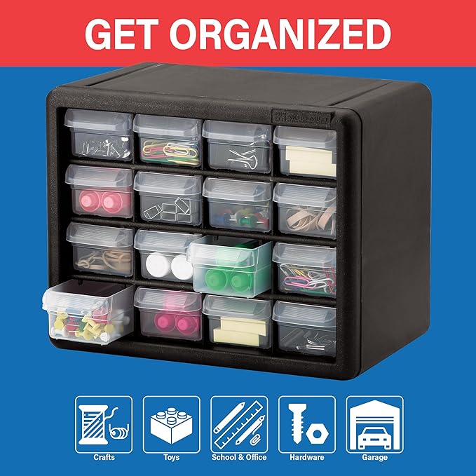 Akro-Mils 16-Drawer Plastic Drawer Storage Cabinet for Garage Organization, Beads, Makeup Organizer, Building Bricks Storage, Teacher Toolbox, 10-1/2" W x 6-1/2" D x 8-1/2" H, 10116 Black