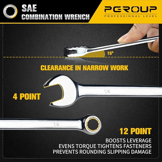 1/4" SAE Combination Wrench, CR-V Steel with Mirror Polish, 12-Point Design, 15-Degree Offset, Perfect for Auto Repair, Household, Car & Truck Emergency
