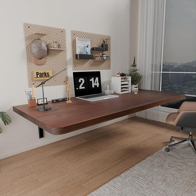 IAE Floating Wall Mounted Folding Table Desk with Pine Wood,48" x 22" Foldable Workbench,Fold Down Wall Mounted Foldable Desk with Shelf Brackets,Laundry Folding Table for Home,Dining,Kitchen,Brown