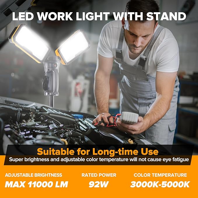 【Upgraded】LUTEC 6290Max 11000 Lumen 92W Dimmable LED Work Light with Telescoping Tripod, Adjustable Color Temperature Dual-Head Work Light with Stand and 8 Ft 3-Prong Power Cord