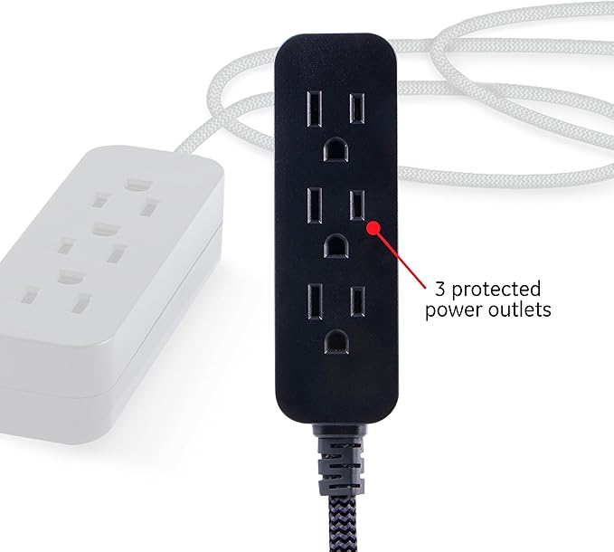 GE 3-Outlet Power Strip Extension Cord with Multiple Outlets 8 Ft Braided Short Cord Extension Cord Grounded Flat Plug ETL Listed White 41282