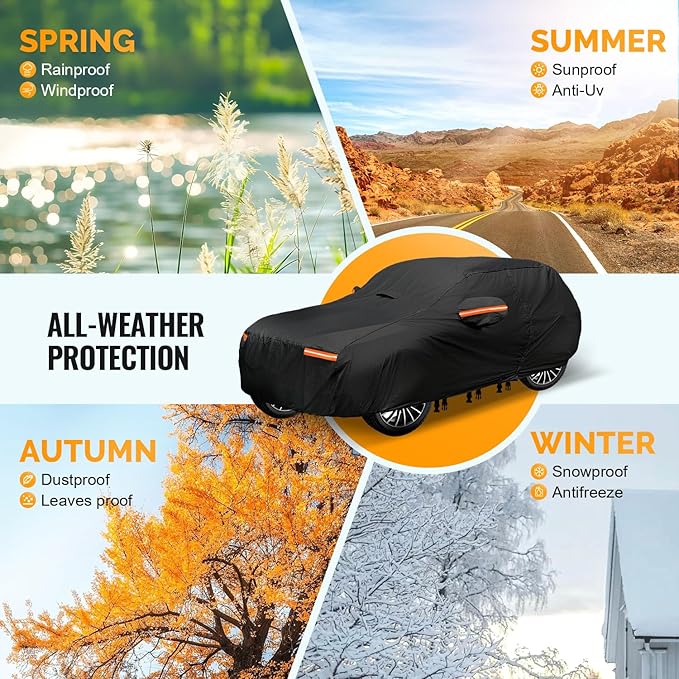 Heavy Duty SUV Car Cover for Automobiles All Weather Waterproof, Outdoor Snowproof UV Protection Windproof, Door Zipper, Soft Cotton Universal Car Covers (Black, Fit SUV 181"-190")