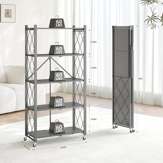 Fenbeli Foldable Storage Shelf 5 Tier, No Assembly Collapsible Shelves with Wheels & Hooks, Heavy Duty Metal Shelving Unit, Rolling Storage Rack Organizer for Kitchen Pantry Garage Small Spaces
