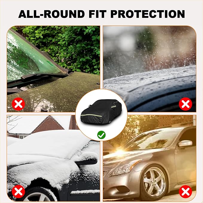 INSAUTO Heavy Duty Waterproof All-Weather Car Cover for Sedans (194–202 Inches), Outdoor Full Car Cover with Door Zipper, Protects from Sun, Rain, Snow, Dust & UV (Black)