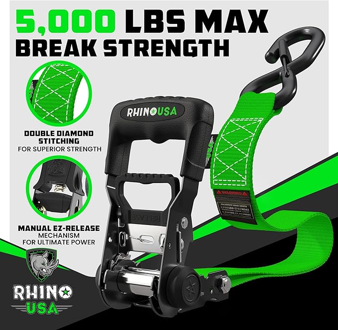 Rhino USA Ratchet Straps Heavy Duty Kit (2-Pack) - 1.6 Inch x 8 Feet Min Break Strength (5,000) - Ultimate Tie Down Straps with Safety S Hooks for Trucks, ATV, UTV, Motorcycle, Cargo & More - Green