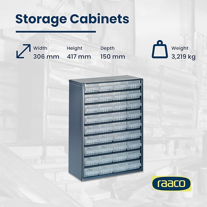 Raaco Steel Storage Cabinet, Standard 36-Drawer, Clear Polypropylene Plastic Drawer – Small Parts Organizer, Screws, Nuts & Bolts, Crafts & Hardware – Tool Cabinet for Workbench & Wall Storage (C9-36)
