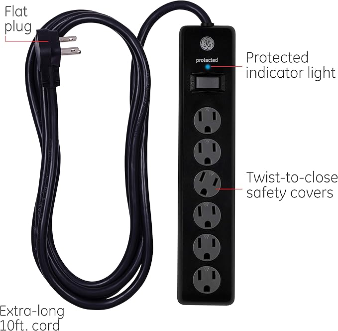 GE 6-Outlet Surge Protector, 10 Ft Extension Cord, Power Strip, 600 Joules, Twist-to-Close Safety Covers, Protected Indicator Light, ETL Listed, Black, 37442