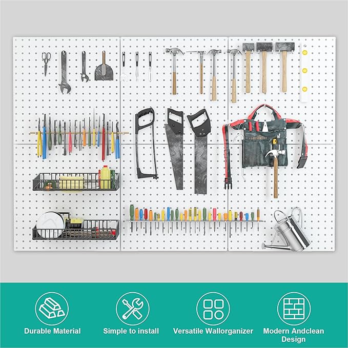Peg Board, 16”×16”Large Heavy Duty Metal Pegboard Panels with Frame White PegBoard Display 4 Packs Peg Boards for Walls, Display, Garage Tool Storage, Office Organization, Craft Room, Kitchen