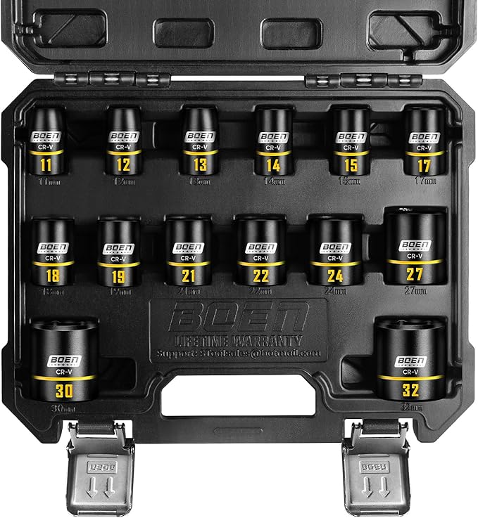 BOEN 14-Piece 1/2" Drive Shallow Impact Socket Set, Metric (11mm-32mm), 6-Point with Yellow Embossed Marking