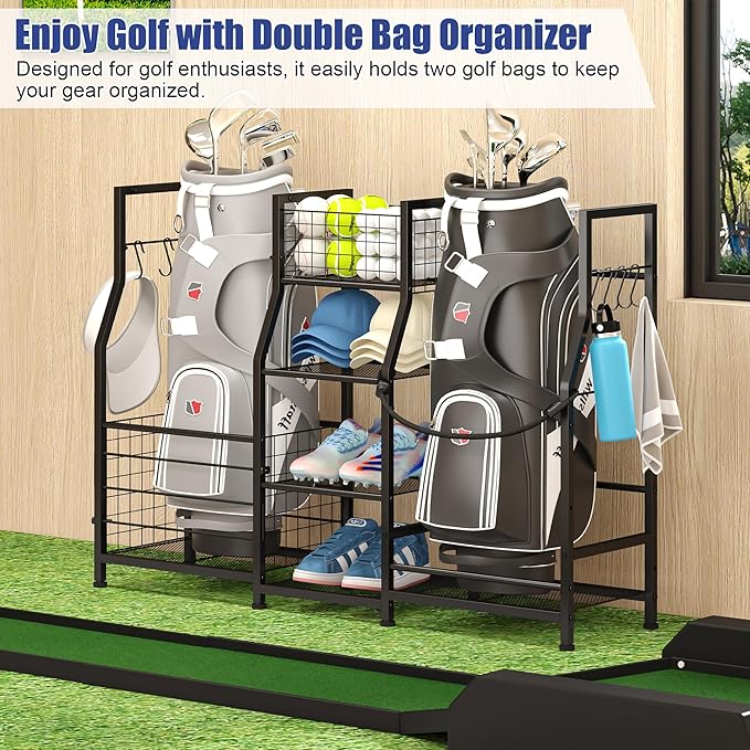 Sonyabecca Garage Sports Equipment Organizer 2 Golf Bag Stand Golf Storage Organizer for Garage with Basket and Hooks, Storage Rack for 2 Golf Bag, Golf Gift for Men, Two Assembly Methods