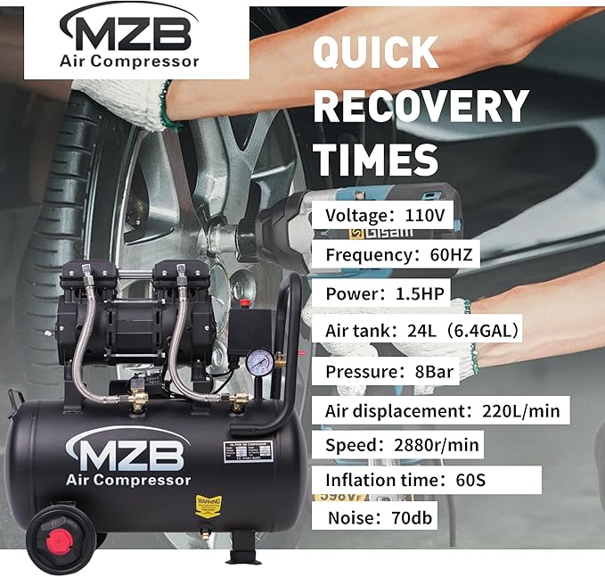 MZB 6.4 Gallon Ultra Quiet Air Compressor 110V/60Hz 1.5HP 7.41CFM MAX 115PSI Steel Tanks Oil-Free 70dB Noise Level Air Compressor with Wheels for Spray Painting, Auto Repair, Carpentry Decoration