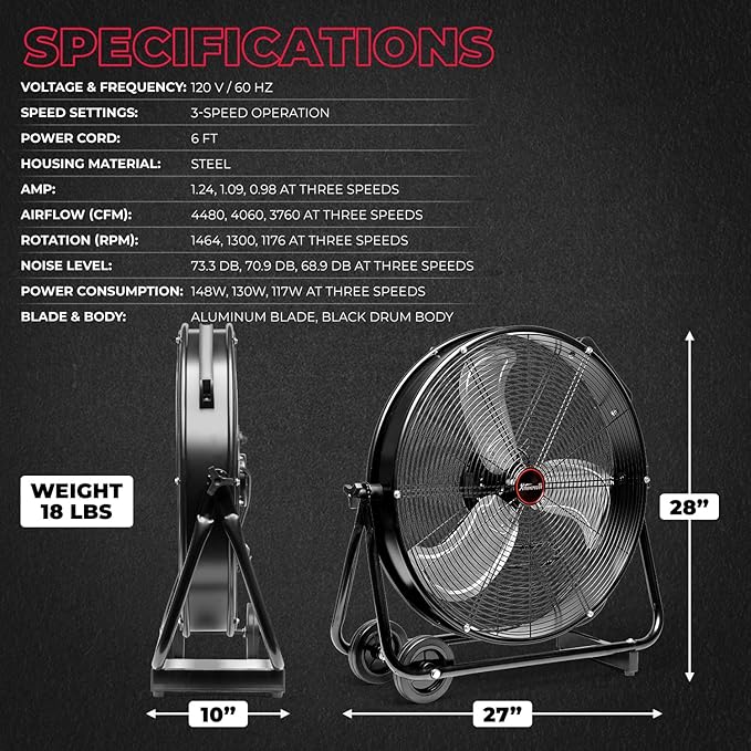 XtremepowerUS 24" Industrial Shop Fan High-Velocity Flow Drum Fan Floor Fan Rolling Drum Garage Tilt 3 Adjustable Speed Commercial, Gym, Garage Use, Black