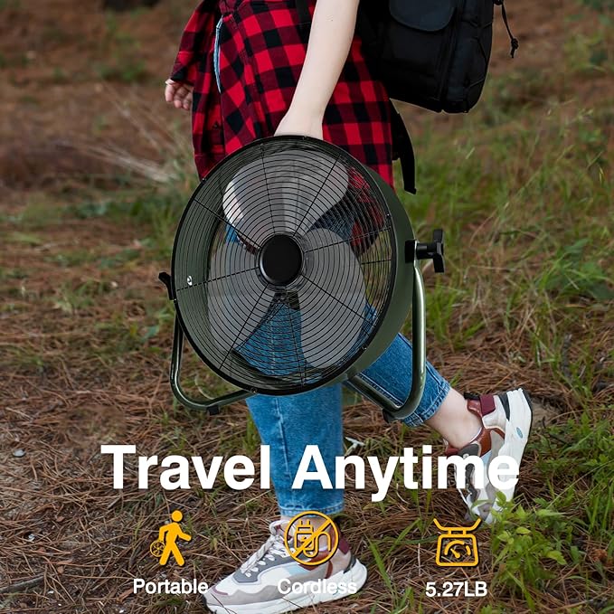 Rechargeable Battery Operated Drum Fan, Portable Outdoor Hurricane Emergency 7-47H Large Battery 12" Floor Fan Hi-Velocity Low Noise Cordless, Watching Event Camping Travel Indoor Home Patio