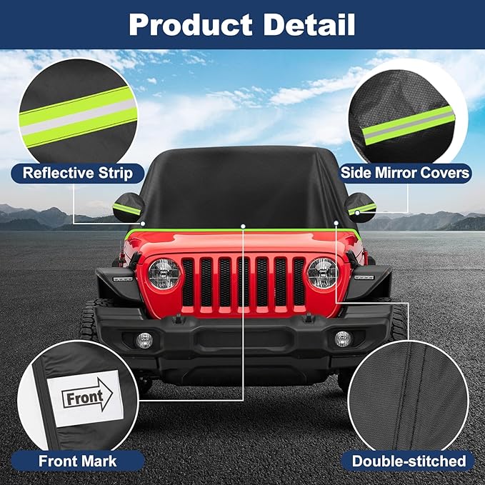 QUNSUNUS Cab Cover for Jeep Wrangler JK JL 4 Door, Waterproof JK JL Cover with Cotton Liner, All Weather JKU JLU Cab Car Cover with Adjustable Straps and Zipper for Wind, Sun, Rain and Dust Protection