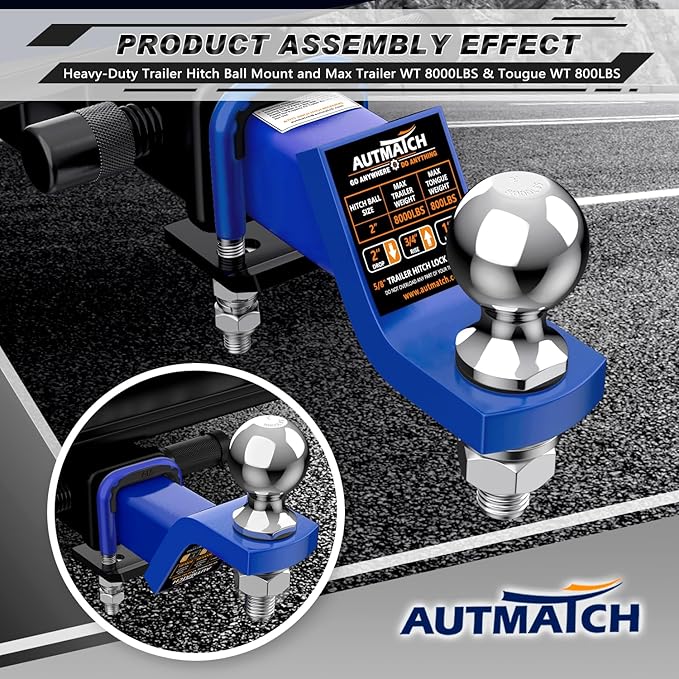 AUTMATCH Trailer Hitch Ball Mount with 2 Inch Hitch Ball - Fits 2" Receiver with Hitch Tightener, 8000Lbs Capacity Ball Hitch, 2-Inch Drop with 5/8" Hitch Lock Pin, Blue