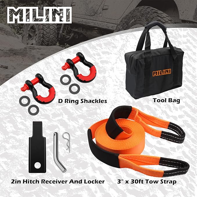 Offroad Recovery Strap Kit, 3" x 30ft Tow Strap+ Shackle Hitch Receiver 2 inch 42000 Lbs+D Ring Shackles+Bag, 4x4 Winching Accessories