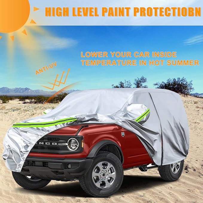 Waterproof Car Covers Replace for 2021-2025 Ford Bronco 2 Door, 6 Layers Silver All Weather Car Cover with Zipper Door & Windproof Bands for Snow Rain Dust Hail Protection