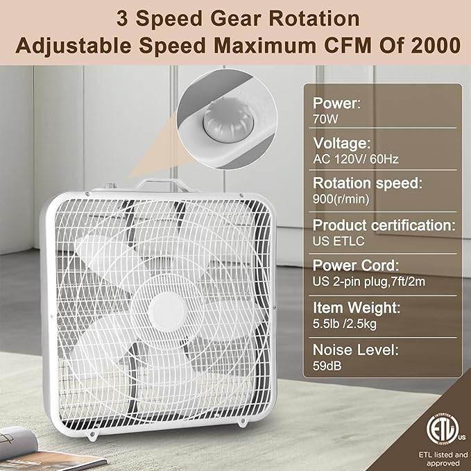 Xcity 20-Inch Box Fan, 3-Speed Quiet 2000 CFM Powerful Airflow, 70W Portable Floor Fan with Carry Handle for Bedroom, Office & Living Room, White