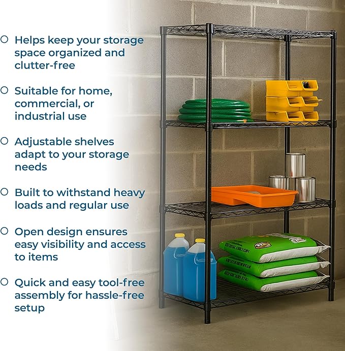 Honey-Can-Do 4-Tier Heavy-Duty Adjustable Shelves, Metal Storage Rack with 250-lb Shelf Capacity, Black, 14" W x 36" L x 54" H