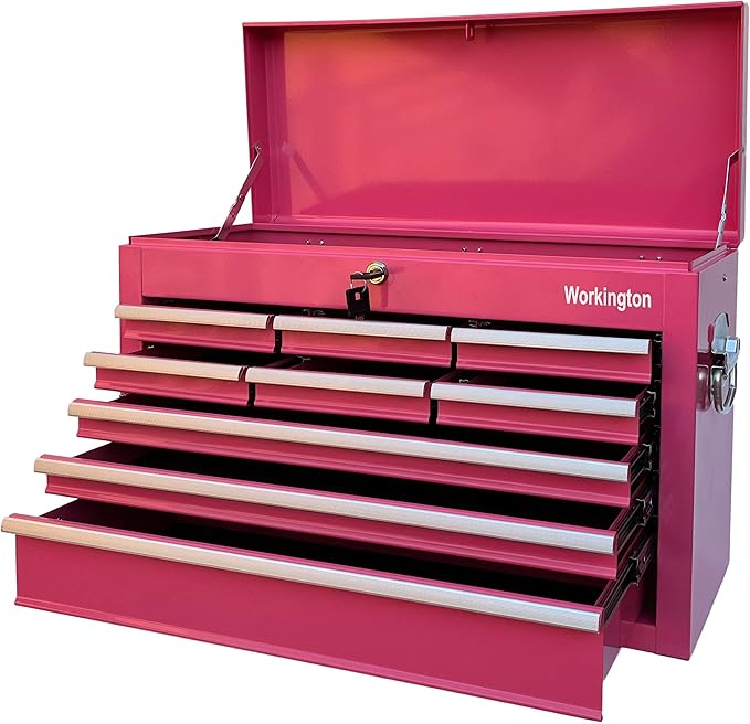 Workington Portable Metal Tool Chest with 9 Drawers, 24" 9-Drawer Tool Chest Cabinet with Ball Bearing Drawer Slides, Steel Tool Storage Box Organizer 4006 Pink