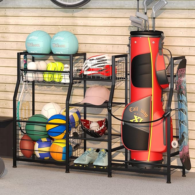Sonyabecca Garage Sports Equipment Organizer 2 Golf Bag Stand Golf Storage Organizer for Garage with Basket and Hooks, Storage Rack for 2 Golf Bag, Golf Gift for Men, Two Assembly Methods