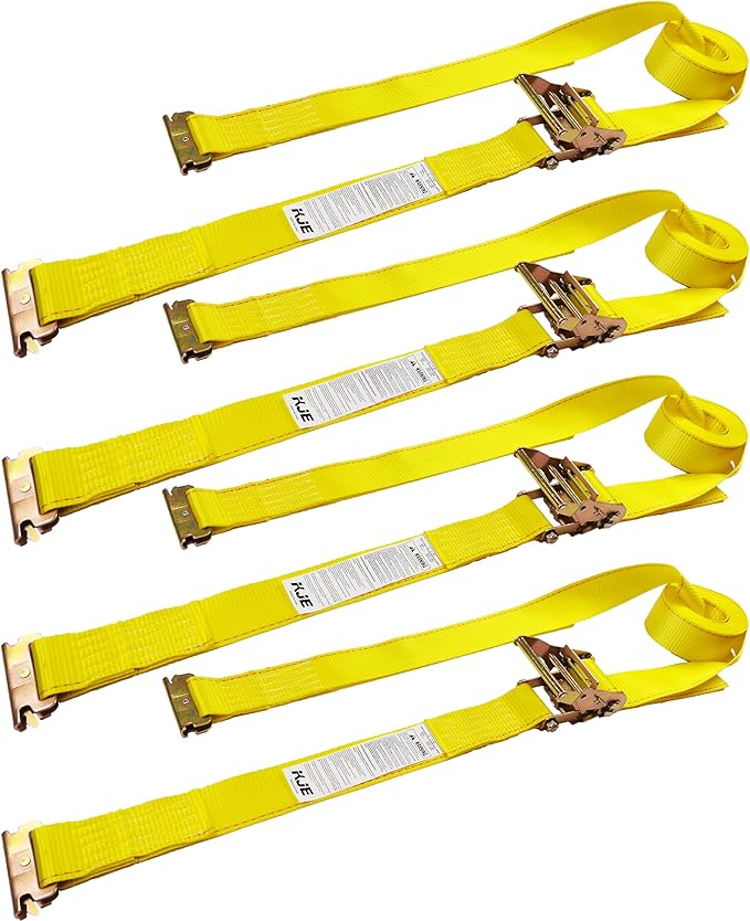 KJE E-Track Ratchet Straps, 4 Pack 2" x20' Heavy Duty Cargo Tie-Downs, 4500LBS Breaking Strength, Standard E Track Fitting Tie Down Ratcheting Strap for Cargo Vans, Trucks, Trailers