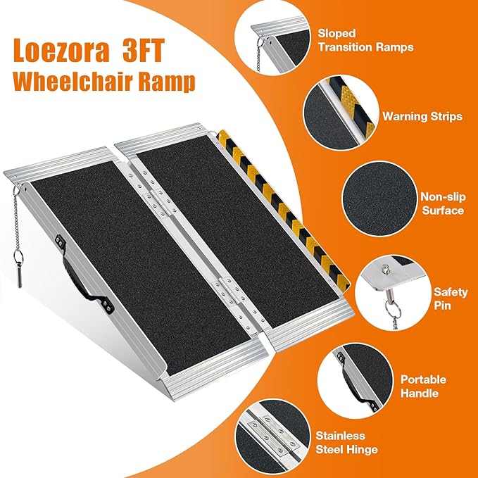 3FT Wheelchair Ramp for Home Steps & Porches (3-8 Inch Height) - Heavy-Duty Aluminum Ramp with Carry Handle, 800 lbs Capacity, Non-Slip Surface, Not Recommended for Low Door Thresholds