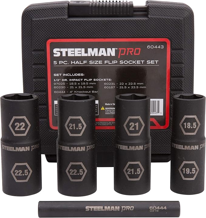 Steelman Pro 5-Piece 1/2-Inch Drive Metric 6-Point Thin Wall Impact Flip Socket and Knockout Bar Set with Half Sizes (18.5 x 19.5mm, 21 x 21.5mm, 22 x 22.5mm, and 21.5 x 22.5mm Sockets)