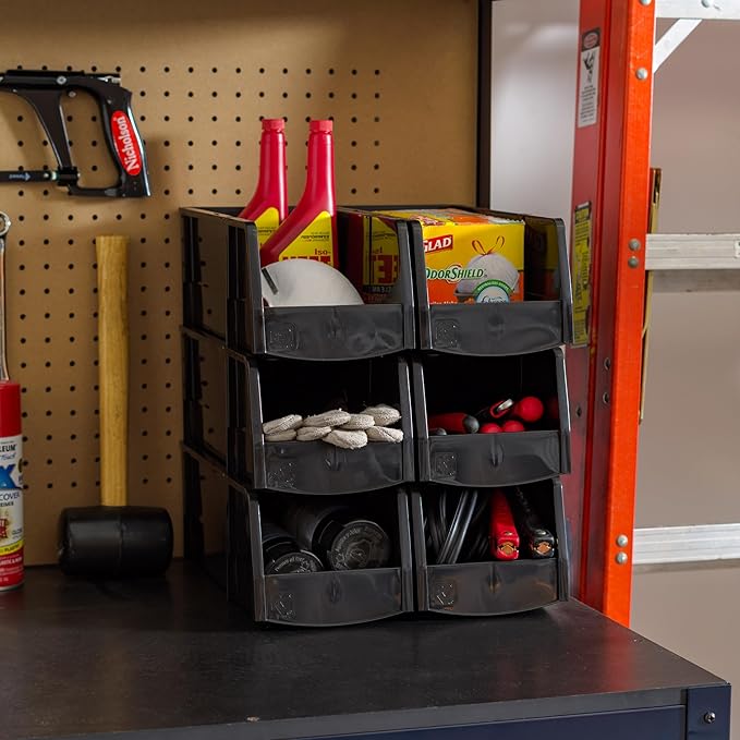 IRIS USA Large Stackable Storage Bins, 8-Pack, 13"L x 6"W x 5"H, |Made in USA|, Plastic Open Front Shelf Bin for Organizing Parts, Hardware, Tools, Supplies, Garage Shelf, Pantry - Black