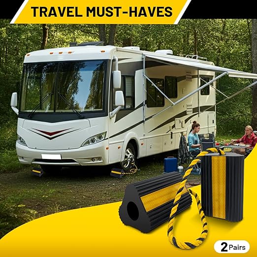ROBLOCK Wheel Chocks (2pair/4pack with Rope) for RV Trailer Camper Truck Car Aircraft, Versatile Heavy Duty Rubber Wheel Chocks Block with 3 Reflective Strips, Tire Wheel Immobilizers & Chocks