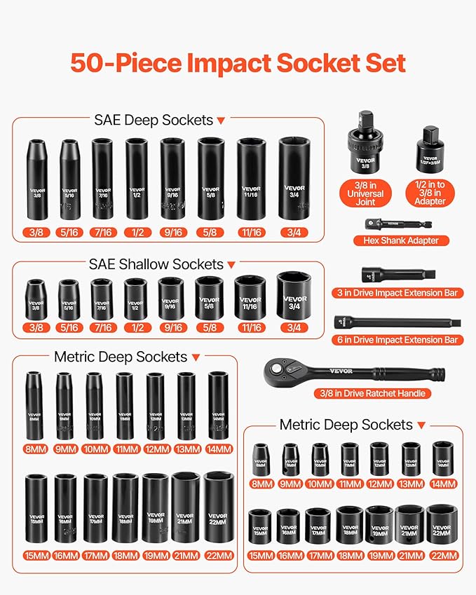 VEVOR 3/8" Drive Impact Socket Set, 50-Piece Standard SAE (5/16 to 3/4 inch) & Metric (8-22 mm) Size, Deep & Shallow, 6 Point, CR-V, Ratchet Handle, Extension Bars, Universal Joint, Reducer, Adapter