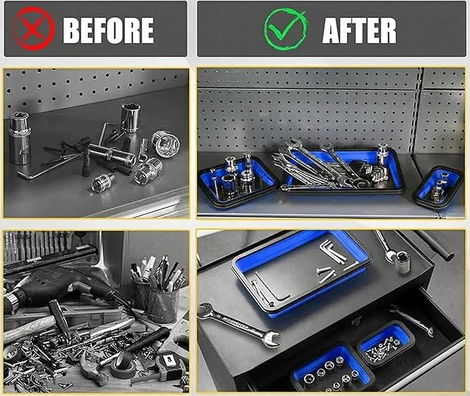 Collapsible Magnetic Parts Tray Set of 3 Different Size, Foldable Silicone Tool Trays for Screws, Bolts, Nuts and Other Small Metal Parts (Blue)