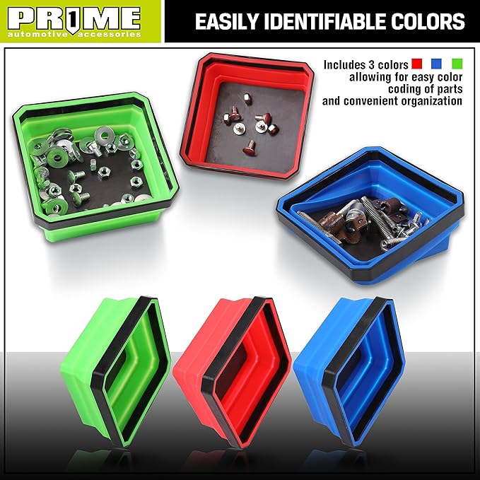 PR1ME Collapsible Magnetic Parts Tray Set, Foldable Magnetic Tray, 3 Pieces 4.25 inch Square Silicone Bowls with Magnetic Base Stores and Organizes Small Parts and Tools