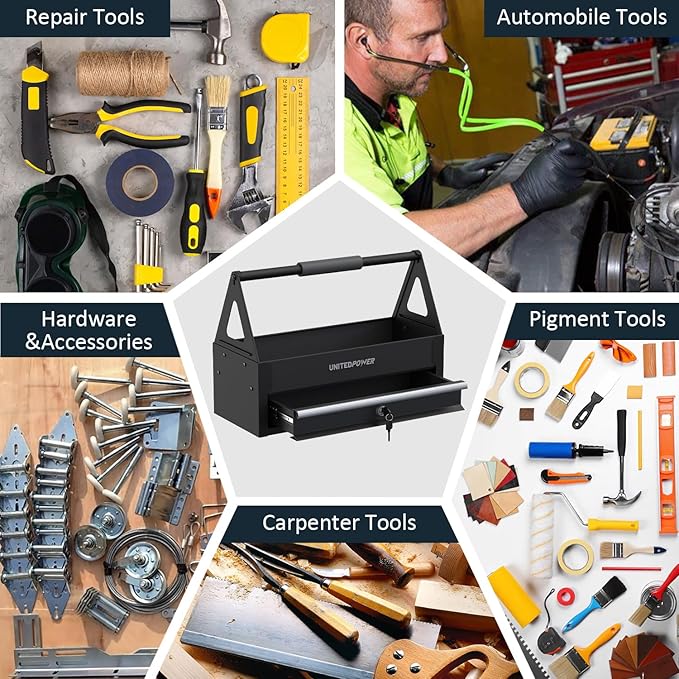 UNITEDPOWER Handy Tool Box With 1 Drawer，Portable Metal Tote Tray with comfortable grip handle, Tool Organization for Household, Warehouse, Repair Shop, Black