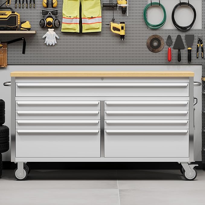 Tool Chest, 61 Inch Tool Box Mobile 9 Drawers Storage Rolling Cabinet with Wheels Lock Key Locking System Drawer Liners for Garage Warehouse Repair Shop, Sliver
