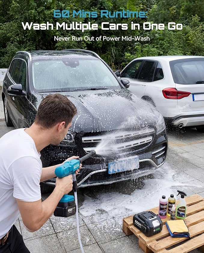 SEESII Cordless Pressure Washer Battery Powered, Dual 4000mAh Batteries Portable Power Washer with 6-in-1 Nozzle & Foam Cannon for Car, Home, Garden, Patio and Fence Cleaning