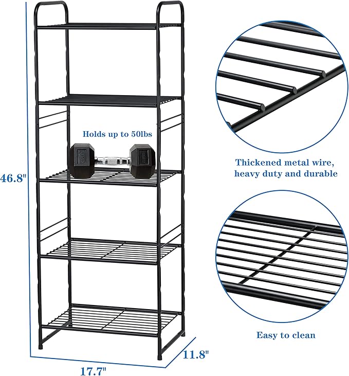 5 Tier Shelf, Heavy Duty Metal Bathroom Shelf Plant Stand, Stackable, Black