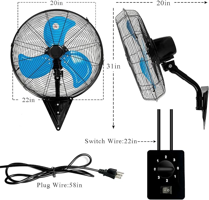 AZOUTDOOR Wall Mount Fan 7000 CFM, 20" High Velocity Wall Oscillating Fan 3-Speed Industrial Walls Fans for Indoor, Ercial, Residential, Industrial, Warehouse, Greenhouse, Workshop, Basement Use-ETL