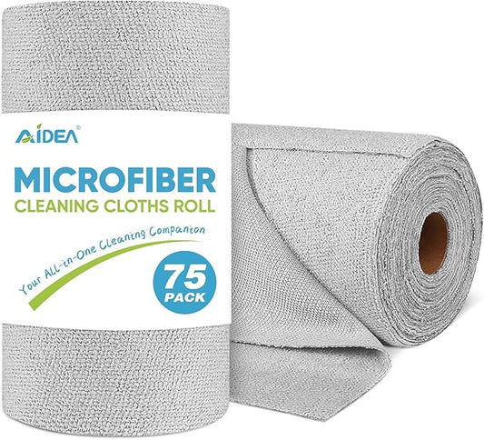 AIDEA Microfiber Cleaning Cloth Roll, Grey 75PK, Reusable Paper Towels Tear Away Cloth, Microfiber Towels for Cars, Wash Cloths, Lint Free Rags for House, Kitchen,Window,Cleaning Supplies 11.5"×11.5"