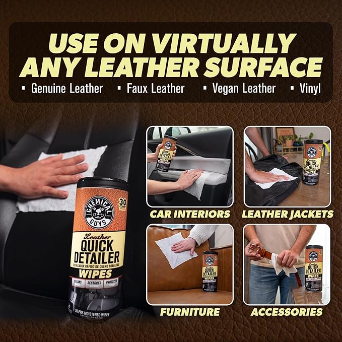 Chemical Guys Leather Cleaning Quick Detailer Wipes (Works on Natural, Synthetic, Pleather, Faux Leather and More) On The Go Car Care Accessory (30 Ct)