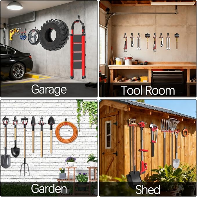 3-H Garage Wall Hooks Heavy Duty 31 Pack, Anti-Slip Steel Wall Mount Storage Hooks for Hanging Ladder Garden Yard Tools, Utility Organizer for Garage Lawn Shed(Red)