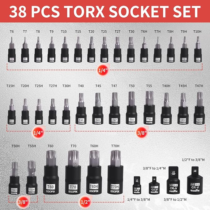38 Piece Torx Bit Set, Premium S2 Alloy Steel, Solid Star T6 ~ T70 & Tamper Proof T6 ~ T70, with Socket Adapters